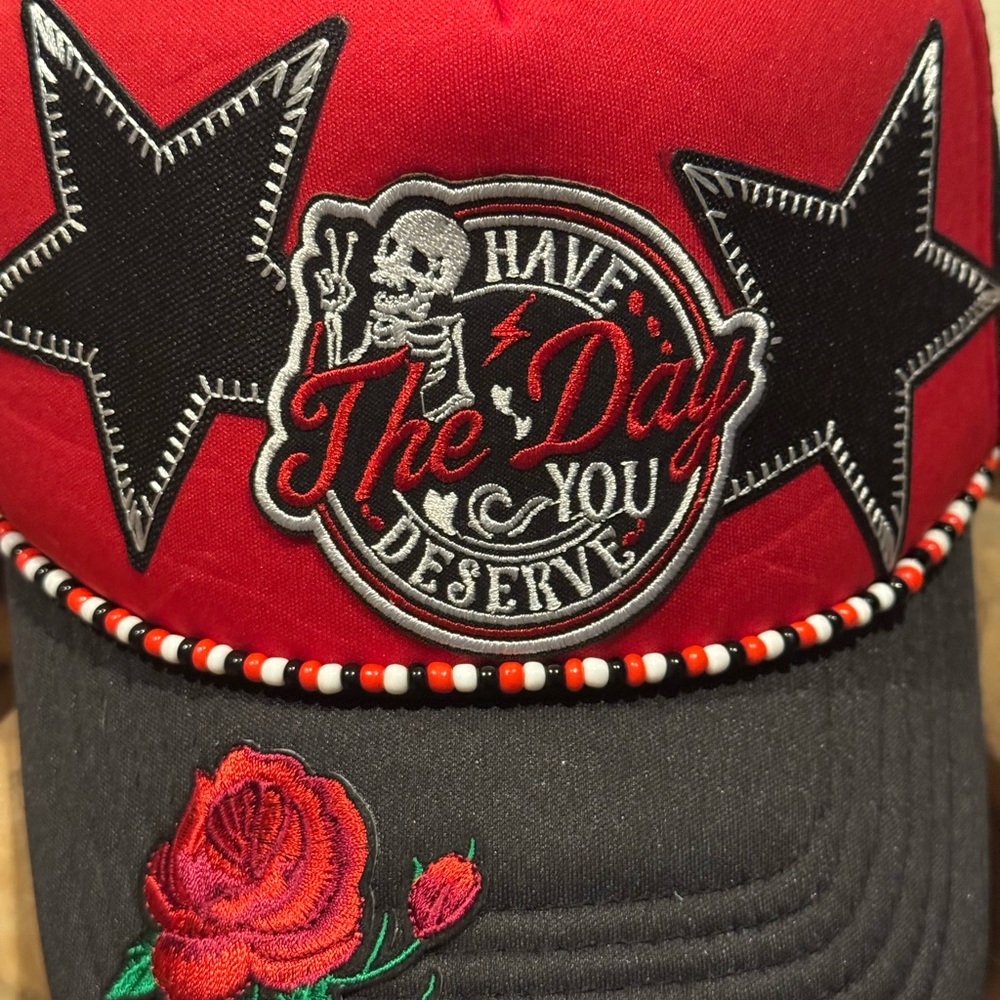 Red and Black Embroidered Cap